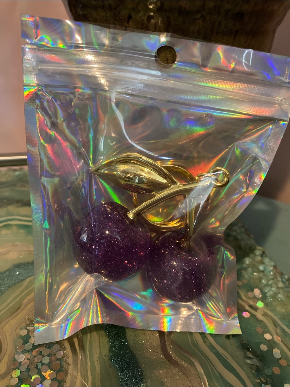 Source Unknown Purple Glitter Cherry Pendant with Gold Stem